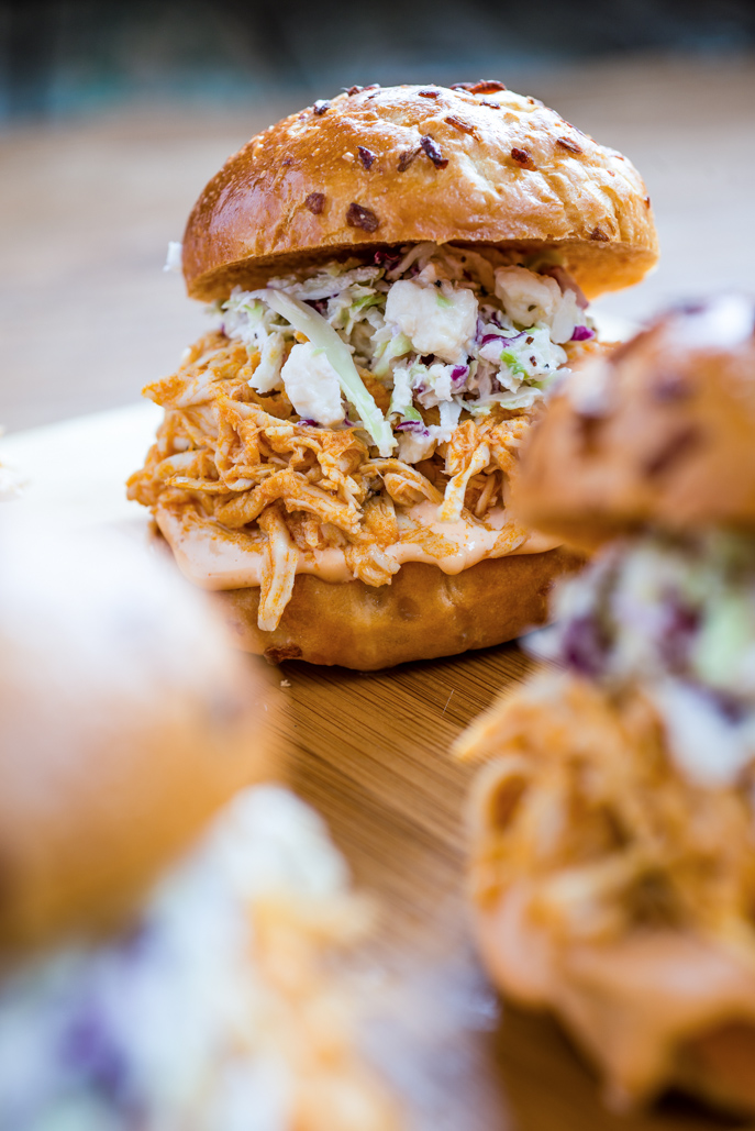 Slow Cooker Buffalo Chicken Sliders with Blue Cheese Slaw