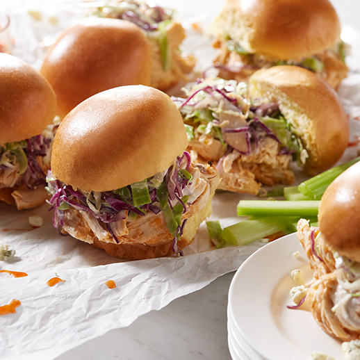 Slow cooker buffalo chicken sliders close up