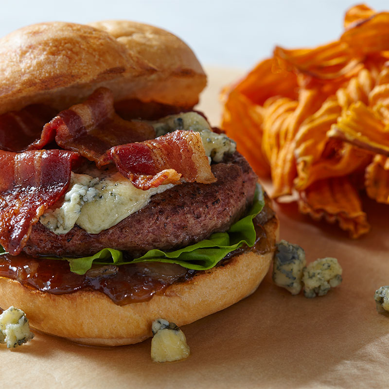 Grilled Bacon Blue Cheeseburger with Onion Jam