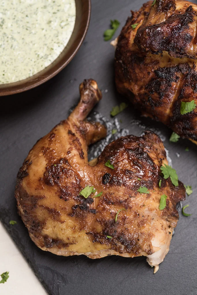 Peruvian Chicken on the Rotisserie with Homemade Green Sauce