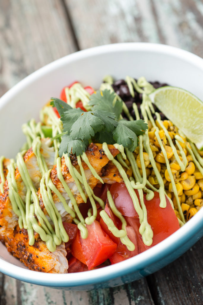 Broiled Chipotle Tilapia Bowl with Avocado Sauce